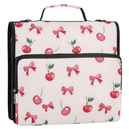 Cherry Bow Pattern 3 Ring Zipper Binder Bag Binder Organizer with Handle Shoulder Strap for School Work Office Supplies - color: Cherry Bow Pattern