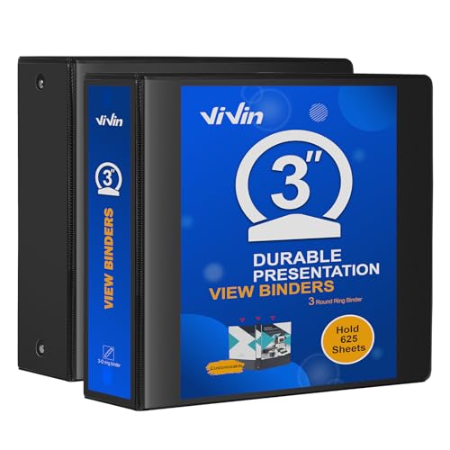 ViVin 3 Ring Binder 3 inch with Clear View Cover, Large 3" Round Ring for Strength, Holds 600 Sheets of US Letter Size Paper, Office Home School, 2 Pack (Black) - color: Black, size: 3 Inch, style: 2 Pack