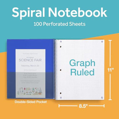 Oxford Spiral Notebook with Free Study App, 1 Subject, Graph Ruled, Ultra Smooth Paper, No Ink Bleed-Through, Strong Poly Blue Cover, Durable 2 Sided Pocket, 100 Easy Perforated 8.5" x 11" Sheets - color: Blue