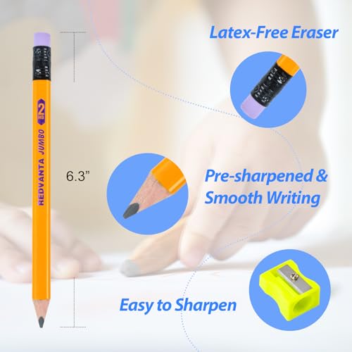 Jumbo HB Pre-sharpened Pencils #2 for Toddlers Preschoolers First Writing, Thick Triangular Grip Fat Pencils with Latex-Free Erasers, Break-Resistant, Back to School Supplies, 12 Count - color: Yellow