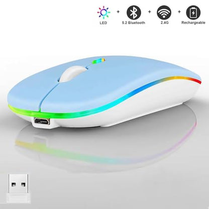 LED Wireless Mouse, Slim Silent Dual-Mode 2.4G+BT Rechargable 7-Color Portable Mobile Optical Office Mouse with USB Receiver, 3 Adjustable DPI Levels for Notebook, PC, Computer, MacBook (Blue) - color: Blue