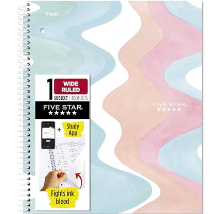 Five Star Spiral Notebook + Study App, 1 Subject, Wide Ruled, 8" x 10-1/2", 80 Sheets, Fights Ink Bleed, Water Resistant Cover, Pastel Waves (930060F)