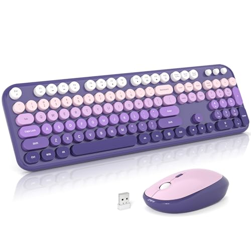 Atelus Wireless Keyboard and Mouse, 2.4G USB Retro Full Size Typewriter Keyboard and Cute Mouse Combo for Windows 7/8/10, Laptop, Desktop, PC, Computer (Purple) - color: Purple Gradient