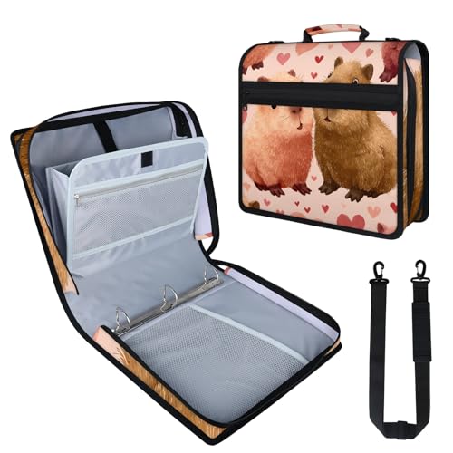 Capybara Zipper Binder, 3 D-Ring Expanding File Folder with Handle & Adjustable Shoulder Strap, 400 Sheets Capacity Multi-Pocket Organizer for 13 Inch Laptop - color: Capybara