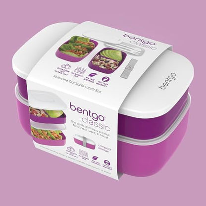 Bentgo Classic - Adult Bento Box, Stackable 3-Compartment Lunch Box with Removable Utensil Set and Sealing Strap, BPA-Free, Food Container Ideal for Meal Prep, Work, and On the Go (Purple) - color: Purple