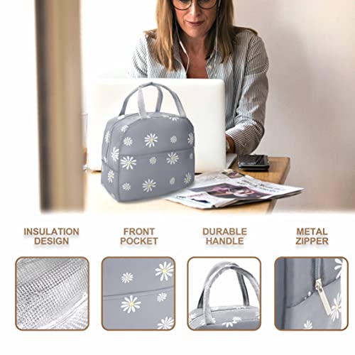 Sonuimy Insulated Lunch Bag Women Girls, Reusable Cute Tote Lunch Box for Adult & Men, Leakproof Cooler Lunch Bags for Work Office Travel School Picnic (Grey with White Daisy) - color: Grey with White Daisy