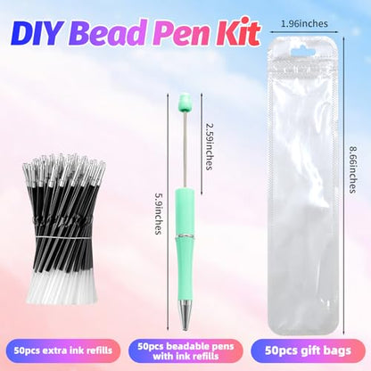 150 Pieces DIY Beadable Pens Kit - 50 plastic Beadable Pens Bulk, Refills & pen bags Included - Beaded Pens Black Ink Ballpoint Cute Pens（Bright） - color: Macaron, size: 50