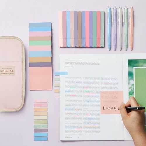 Jutom 39 Pcs Aesthetic Book Annotation Kit Highlighter with Case Bag Gel Pen Transparent Sticky Note Taking Bible Supplies(Pink,Cute Style) - color: Pink, style: Cute Style
