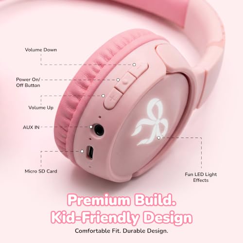 Kids Safe Wireless Light Up Headphones, Foldable Tangle-Free 3.5mm Jack, Volume Limiting 85/94dB, Over-Ear with Microphone for School/Toddlers/Teens/Boys/Girls/Ipad/Tablet/Kindle/Phones/Travel/Plane - color: Pink
