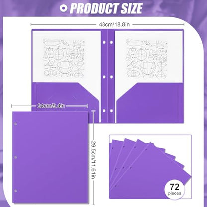 Yeaqee 72 Pcs Plastic Folders with Pockets Bulk 3 Hole Punched 2 Pocket File Folders for 3 Ring Binder Divider Folder for Notebooks, Durable Poly for Office Home (Purple) - color: Purple