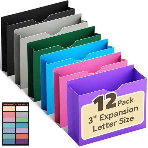 ANSOOK Manila File Jackets & File Pockets Letter Size,Reinforced Straight Cut Tab,Heavy Duty 3" Expansion Manila Folders,12 Pack Job Folder File Jackets Designed for Use in Standard Hanging Files - color: Colored, size: 3" Expansion