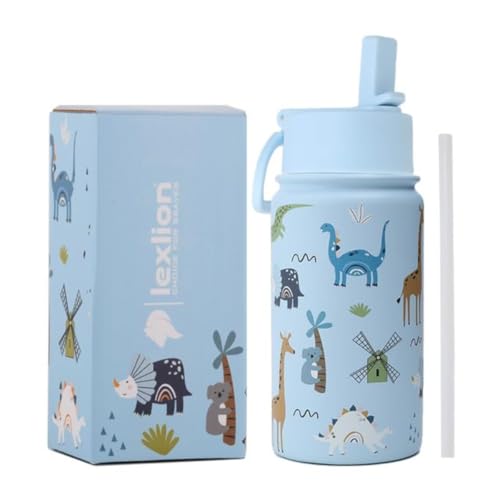 Lexlion Water Bottle 14 Oz, Triple Walled Insulated Stainless Steel Odor & Strain Resistant Reusable Bottle, 1 straw Lid, Leakproof, Metal Mug Gallon, BPA Free, Blue Zoo - color: Blue, size: 14 Ounces
