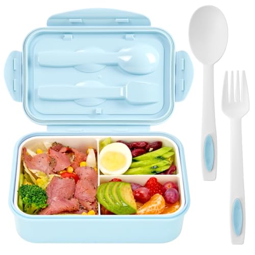 Bento Boxes for Adults - 1100 ML Lunch Box Container For Kids Women With Built-in Spoon & Fork - Durable for On-the-Go Meal, BPA-Free and Food-Safe Materials（Light Blue） - color: Light Blue