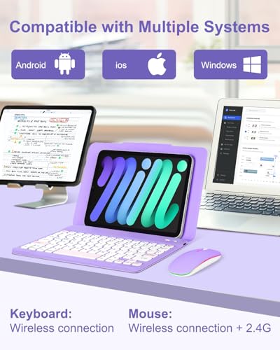 EAMPANG Universal Bluetooth Keyboard and Case for Tablet/Phone/Laptop,Wireless Portable Slim Keypad and Mice Rechargeable with Adjustable Bracket for iPad A16/Mini/Air/iPhone/Galaxy Z Fold Purple - color: Purple