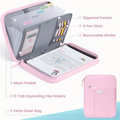 Sooez Zipper Binder Bag, 1 Inch Binders 3 Ring O-Ring, 5-Tab Dividers Expanding File Folder, 500-Sheet Capacity Three Ring Binder, Organizer Storage for Student School Classroom Supplies, Gray - color: Gray