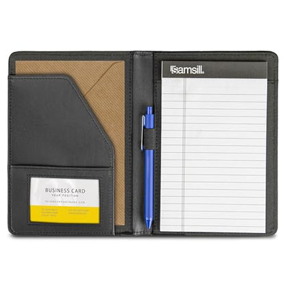Samsill Mini Faux-Leather Padfolio, 5 x 8 Writing Pad, Compact Business Portfolio with Business Card Display Pocket, Contrast Stitch, Black - color: Black