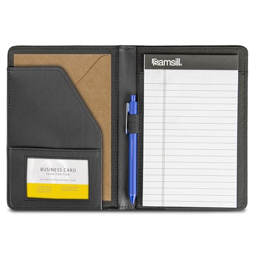 Samsill Mini Faux-Leather Padfolio, 5 x 8 Writing Pad, Compact Business Portfolio with Business Card Display Pocket, Contrast Stitch, Black - color: Black