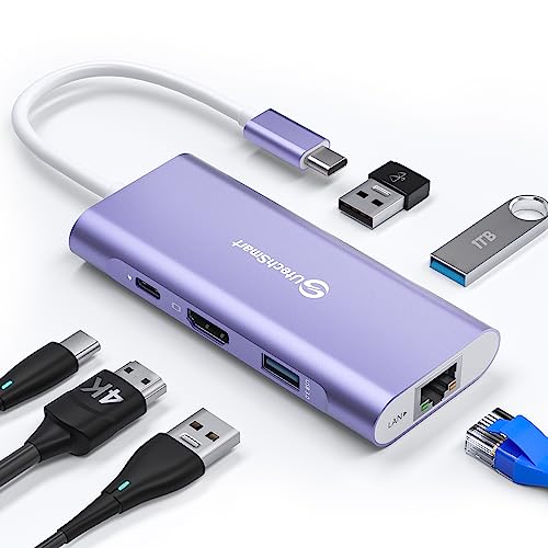 UtechSmart USB C Hub, Ethernet Multiport Adapter 6 In 1 USB C to HDMI Dock Compatible for Macbook Pro/Air, Chromebook, Dell XPS, HP and Type C Devices (Gigabit Ethernet 100W PD 4K HDMI USB 3.0) Purple - color: Purple