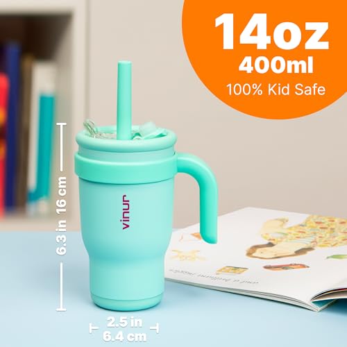 VINUR Kids 14 oz Tumbler with Handle and Straw Lid - Leak Resistant-Reusable Stainless Steel Insulated Tumbler Mug with Rubber Base-Cup Holder Friendly, Teal - color: Teal, size: 14 Ounces