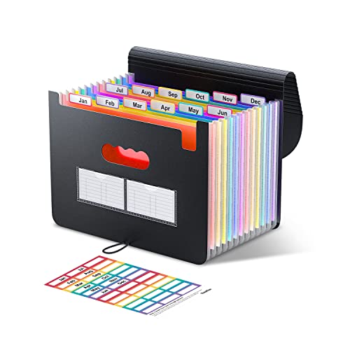ThinkTex Accordion File Organizer, 12 - Pocket Expanding File Folders | for Paper Receipts, Bills&Taxes Organizer, Portable Letter/A4 Size Document Holder for School, Office, Home - color: Black