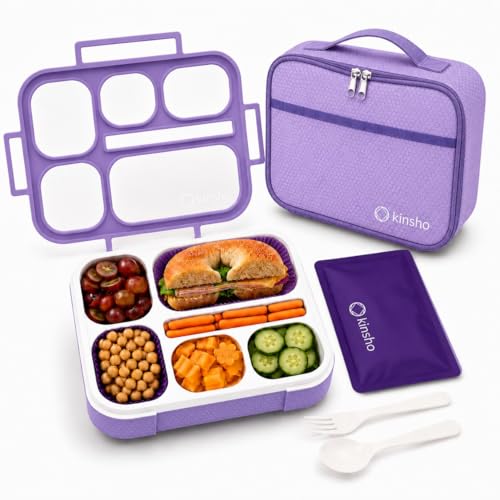 kinsho Lunch Boxes for Kids Girls Teens - Bento Box Set with Insulated Bag and Ice Pack, 6 Compartment Leak Proof Food Container, BPA-Free, Microwave Safe, Ideal for School & Work, Purple - color: Purple
