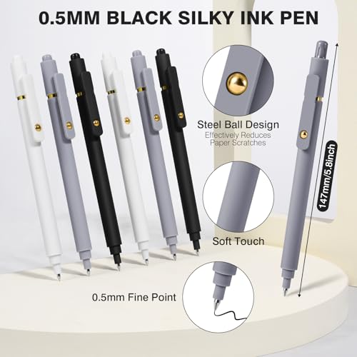 Gel Pens, 6 Pack 0.5mm Fine Point Pen Black Ink with 6 Refills, Quick Dry & No Smear, Smooth Writing Pens for Journaling, Back to School Supplies Office Desk Accessories Gifts for Nurse Women - color: 0.5mm Black Gray White-Black Ink
