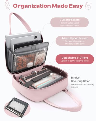 Puffer Zipper Binder 3 Ring with Pencil Pouch, 3" D-Ring Binder with Zipper and Shoulder Strap, 600+ Sheets Capacity Zip Up Binder with 15.6" Laptop Pocket, Binder Bag for School College Office, Pink - color: Pink