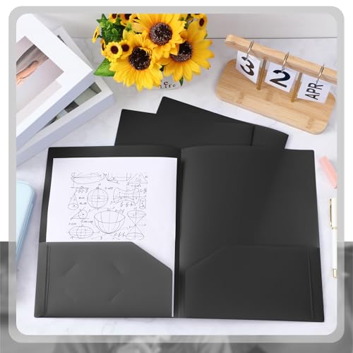 Gueevin 100 Pack Plastic Folder with Pockets, 2 Pocket Folders, Plastic Glossy Folders Fit Letter Size Paper, Heavy Duty Durable File Folder with Business Card for Home Office School (Black) - color: Black