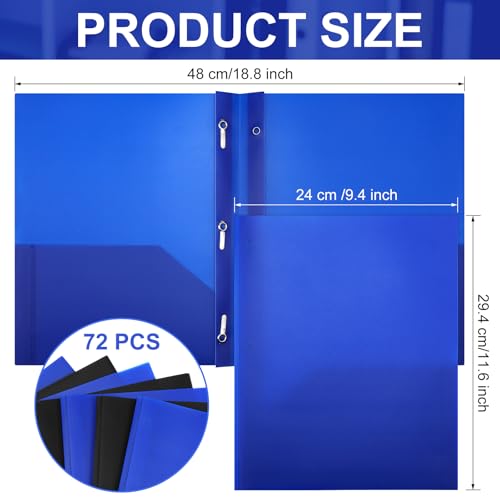 Cholemy 72 Packs Pocket Folders with Prongs Heavy Duty Plastic Folder with Business Card Slot 3 Prong Fasteners for School Office (Black,Blue) - color: Black, Blue