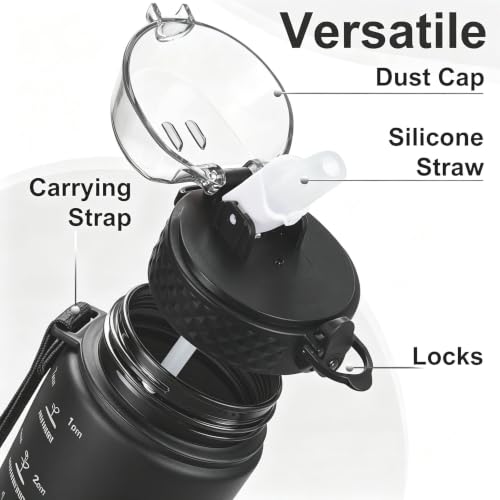 24 OZ Motivational Water Bottle With Time Marker,Leak Proof,Straw Lid, Tritan BPA Free Sports Water Bottle Black(1 Lid) - color: Black