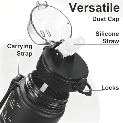 24 OZ Motivational Water Bottle With Time Marker,Leak Proof,Straw Lid, Tritan BPA Free Sports Water Bottle Black(1 Lid) - color: Black