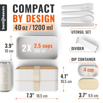 Bentoheaven Bento Box Adult, Stackable Lunch Box, 40 oz, Bright Light | BPA-free, leakproof and microwave-safe with 2 compartments, utensils, chopsticks, divider and sauce cup for men and women. - color: Bright Light