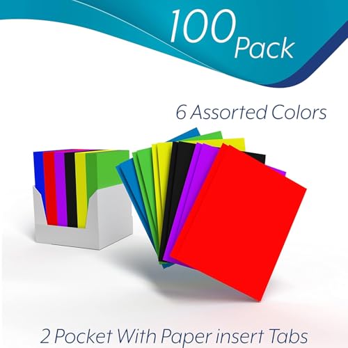 Folders with Pockets and Prongs (100 Pack) 2 Pocket Folders with 3 Prongs for School Paper Folders with Pockets - style: 100