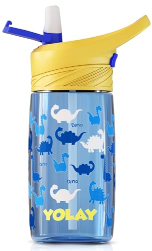 YOLAY 15oz Kids Water Bottle For School Boys and Girls, Durable Toddler Water Bottle with Straw Lid Leak-Proof, Spill Proof, Easy Clean and Dishwasher Safe with Re-Usable and BPA Free - Dino - color: Dino