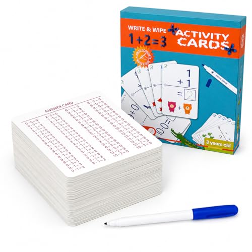 Write & Wipe Activity Cards for Kids, Reusable Tracing Flash Cards, Preschool Handwriting Practice Set, Letter Number Math Learning Activities Ages 3-6 (Addition and Subtraction)