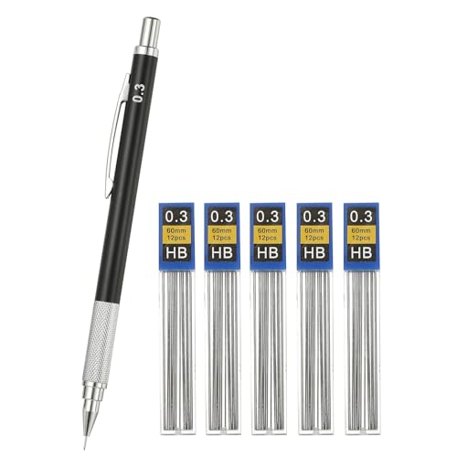 PATIKIL Mechanical Pencil 0.3mm, Lead Pencils Mechanical Holder Fine Point Automatic Metal Holder with 5Pcs Refills for Drawing Art Sketching Woodworking, Black - color: Black, size: 0.3mm