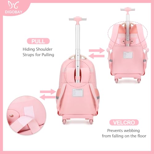 DIGOBAY Rolling Backpack for Girls, Cute Roller School Bag with Wheels, Kids Wheeled Backpacks Set with Lunch Bag Pencil Case for Teen Girls Kindergarten Elementary Middle School - color: Beige-pink