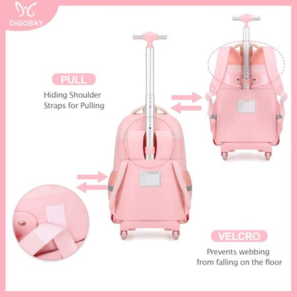 DIGOBAY Rolling Backpack for Girls, Cute Roller School Bag with Wheels, Kids Wheeled Backpacks Set with Lunch Bag Pencil Case for Teen Girls Kindergarten Elementary Middle School - color: Beige-pink