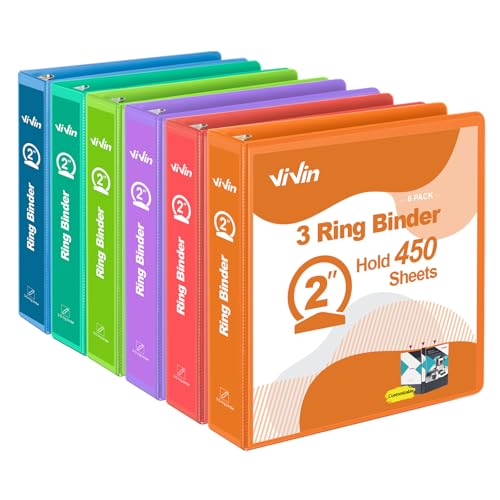 ViVin 2 Inch Round Ring View Binder for Durability, Standard 3 Ring Binder for 450 Sheets of US Letter Size Paper, PVC-Free, 6-Pack (Assorted) - color: Assorted, size: 2 Inch, style: 6 pack