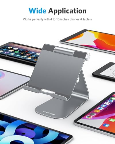OMOTON T1 Adjustable Tablet Stand for Desk, Aluminum Holder for iPad Grey | Solid Metal Build | Charging Cutout | Anti-Slip Silicone Pads | Multi-Angle Adjustable | Fits 3.5-12.9" | Holds Thick Cases - color: Grey