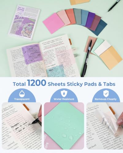 Nicpro 57 PCS Aesthetic Book Annotation Kit with Pen Case, 12 Dual Highlighters, 5 Gel Pens, 6 Mechanical Pencil, 2 Markers 1200PCS Transparent Sticky Notes and Tabs for Bible Study Student Stationary
