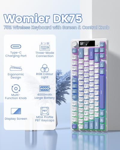 Womier DK75 75% Wireless Gaming Keyboard, RGB Backlit Creamy Keyboard with Media Knob, OLED Screen, Tri-Mode 2.4GHz/USB-C/BT5.0, Anti-Ghosting No-Conflict Silent Membrane Keyboard for MAC Windows - color: Blue&Purple