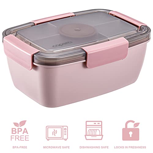 Caperci Large Salad Lunch Container - Adult Bento Lunch Box with 68 oz Salad Bowl, 5-Compartment Tray, 2pcs 3-oz Sauce Cups, Stackable, BPA-Free (Pink) - color: Pink
