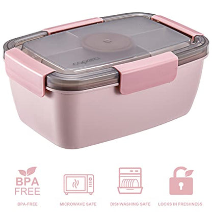 Caperci Large Salad Lunch Container - Adult Bento Lunch Box with 68 oz Salad Bowl, 5-Compartment Tray, 2pcs 3-oz Sauce Cups, Stackable, BPA-Free (Pink) - color: Pink
