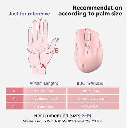 TECKNET Wireless Mouse, BT 5.0/2.4G, Rechargeable 6-DPI Silent, Pink | Bluetooth 5.0/3.0 & USB A, 2-Device Easy Switch, Wide OS Compatible, 6 Buttons, 6-DPI up to 4800, Ergonomic for S to M Hands - color: Pink