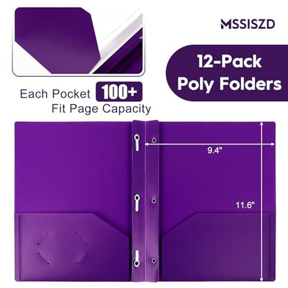 6-Pack Plastic Folders with Pockets and Prongs,2-Pocket Folders with 3 Fasteners, Holds 8-1/2" x 11" Paper for School/Office/Home, Purple - color: Purple, size: 6-Pack