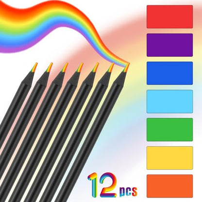 12 Pcs Rainbow Pencils with Sharpener, 7 Color in 1, Black Wooden, Art Supplies for Kids & Adults, Birthday Pencils