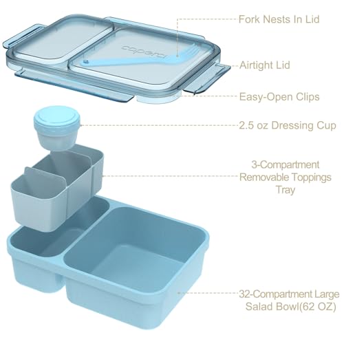 Caperci 2 Pack Salad Containers - Extra-Large 62 oz Bento Lunch Box for Adults, 2-Compartment Meal Prep Container with Removable Toppings Tray, Sauce Cup, Reusable Fork, BPA-Free (Blue & Tofu) - color: Light Blue & Tofu