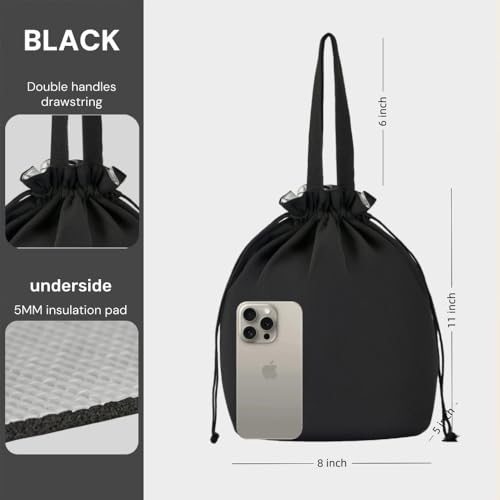 Reusable Lunch Bag,Canvas Drawstring Lunch Bag, Lunch Tote for Work, School, or Picnics, Lightweight & Waterproof, Keeps Food Fresh All Day(BLACK) - color: Black