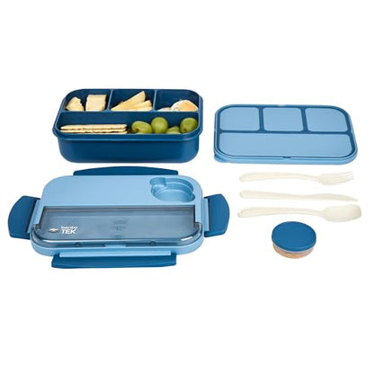 Restaurantware Bento Box 1 Count 44 Ounce Plastic Lunch Box With Cutlery, Leakproof Microwave-Safe Meal Prep Container Reusable Versatile Blue for Travel - size: 1 Count, style: 44 oz - Blue